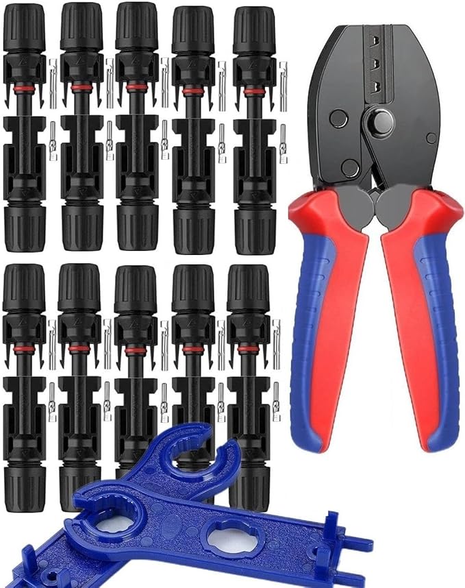 Zestaw zacisków solarnych do paneli słonecznych 2,5/4/6 mm², kabel PV, 1 x pręt dociskowy PV, 10 par złączy do kabli słonecznych, 10 par męskich / żeńskich kolektorów słonecznych, 2 x klucz płaski do