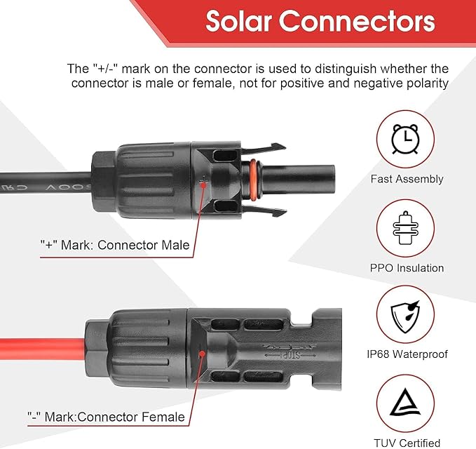 Zestaw zacisków solarnych do paneli słonecznych 2,5/4/6 mm², kabel PV, 1 x pręt dociskowy PV, 10 par złączy do kabli słonecznych, 10 par męskich / żeńskich kolektorów słonecznych, 2 x klucz płaski do - obrazek 6