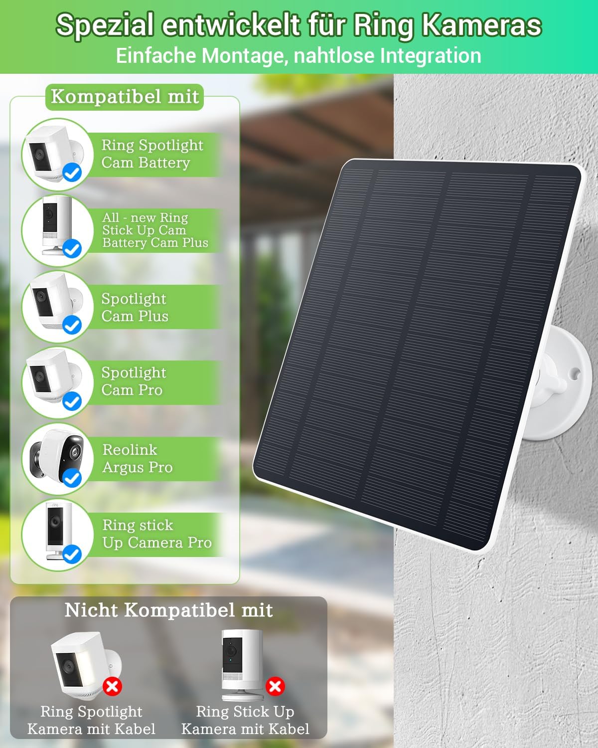 Panel słoneczny 5 W do kamery pierścieniowej – panel słoneczny do akumulatora Ring Stick Up Cam/Pro, akumulator Spotlight Cam/Pro/Plus, wysokowydajny moduł solarny z regulacją 360°, wodoszczelność - obrazek 3