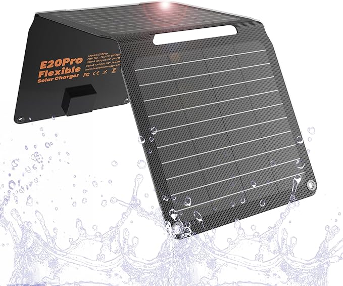 FlexSolar Ładowarka modułu solarnego, 20 W, 5 V, USB-A, wyjście USB-C, przenośna, składana, mała moc, IP67, wodoszczelna, na kemping, podróże z plecakiem, wędrówki, w sytuacjach awaryjnych, do