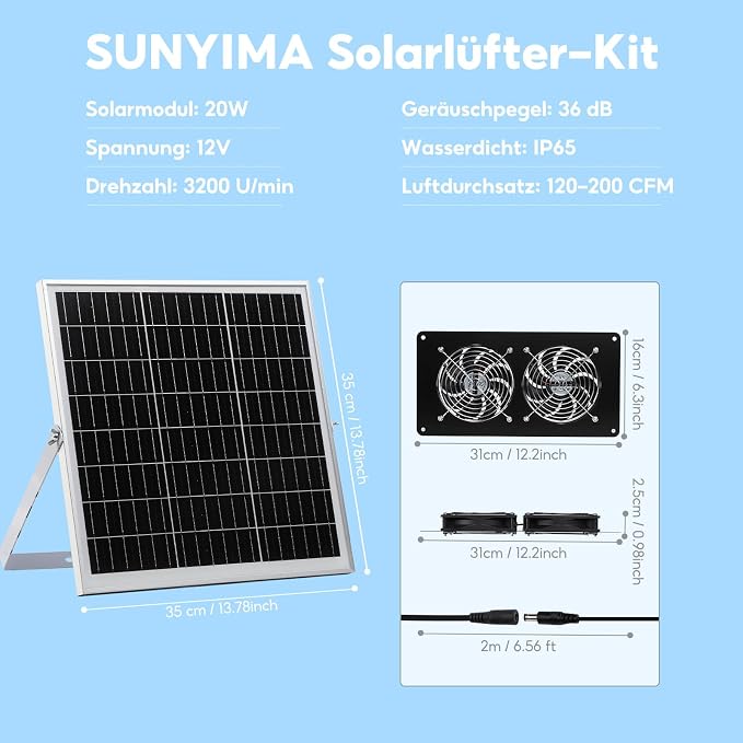 Wentylator solarny, IP65, odporny na warunki atmosferyczne, z panelem słonecznym 20 W i 4 wentylatorami DC, do małych kurników, szklarni, szop, domów dla zwierząt domowych, okien - obrazek 3