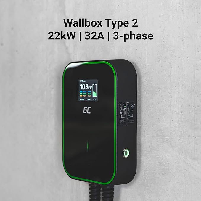 Green Cell GC PowerBox Wallbox 22kW Type 2 Ładowarka do Samochodów Elektrycznych EV PHEV Kabel 6m Wyświetlacz LCD Kompatybilna z każdym Pojazdem Elektrycznym Model 3/S/X/Y, ID.3, ID.4, i3, 500e, EV6 - obrazek 3