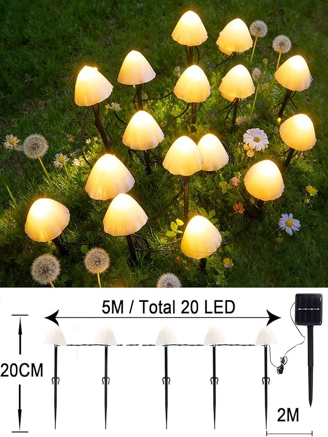 Joycome Ozdoby ogrodowe, zasilane energią słoneczną, 5 m, 20 diod LED, grzyb, wodoodporne, dekoracyjne lampki ogrodowe, na ścieżkę, krajobraz, ogrodzenie, trawnik, dekoracje halloweenowe (ciepła biel) - obrazek 4
