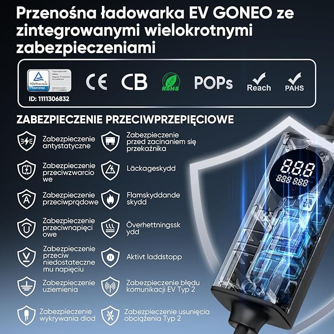 GONEO Cegła Ładująca 3,68kW 16A Jednofazowy | Ładowarka EV Kabel Typ 2 Schuko 20M | Automatyczne Uziemienie i Kontrola Temperatury,Ochrona RCD AC+DC,Timer Ładowania | Przenośna Domowa Stacja Ładowania - obrazek 3