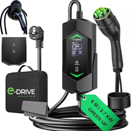 Przenośna ładowarka elektryczna 6-16A z wyświetlaczem LCD + opóźniony start + uchwyt i kabel typu 2 - kompatybilna z wtyczką Green up & Skudo - marka francuska E-Drive Solution