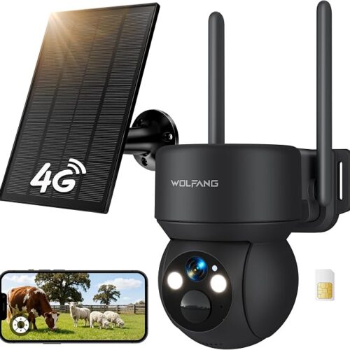 WOLFANG Kamera przyrodnicza, 4G LTE kamera komórkowa zasilana energią słoneczną z widokiem 2,5 K wideo na żywo, regulacja nachylenia 355°, zdalna regulacja 90°, kamera bezpieczeństwa z noktowizorem