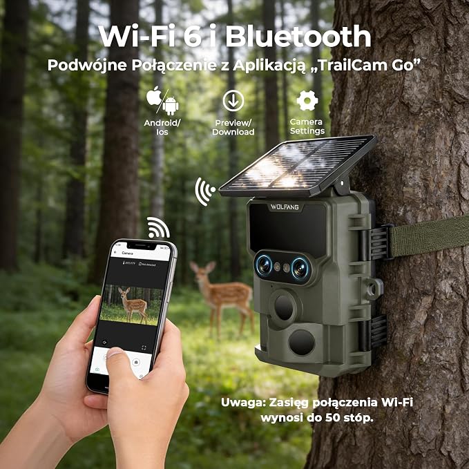 WOLFANG Kamera myśliwska Wildlife Camera, 64MP 4K z podwójnym obiektywem, zasilana energią słoneczną, z funkcją noktowizji Starlight 120°, aktywowana ruchem, IP66, wodoodporna, wyzwalana 0,1 s - obrazek 3