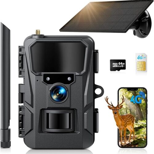 WOLFANG Komórkowa kamera przyrodnicza 4G LTE, zasilana energią słoneczną, kamera 2K 48 MP z baterią 5200 mAh, wyświetlacz 2,0 cala, sterowanie aplikacją, noktowizor, aktywowany ruchem wyzwalacza 0,2 s