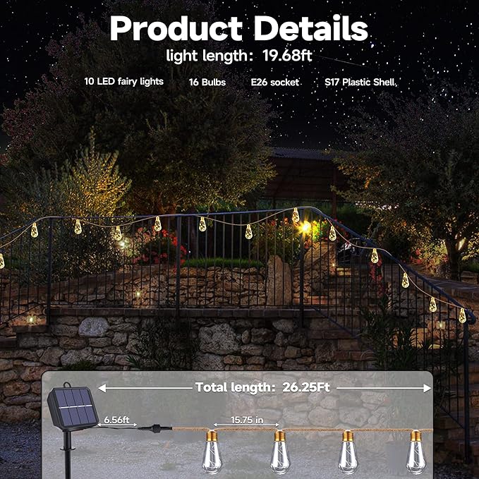 Geemoo Solarny łańcuch świetlny z liny konopnej, 8 m, 160 LED, wodoodporny, z 16 nietłukącymi się żarówkami, do ogrodu, na patio, imprezę, podwórko, dekoracja bożonarodzeniowa (ciepła biel) - obrazek 3