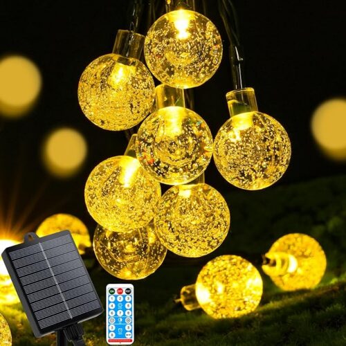 AUAUY Lampy łańcuchowe solarne, 11 m/36 stóp, 60 diod LED, świetlne kule, 8 trybów, wodoodporne, migoczące światła solarne na zewnątrz, do ogrodu, taras, altanki, balkon, wesele, ozdoby na Boże