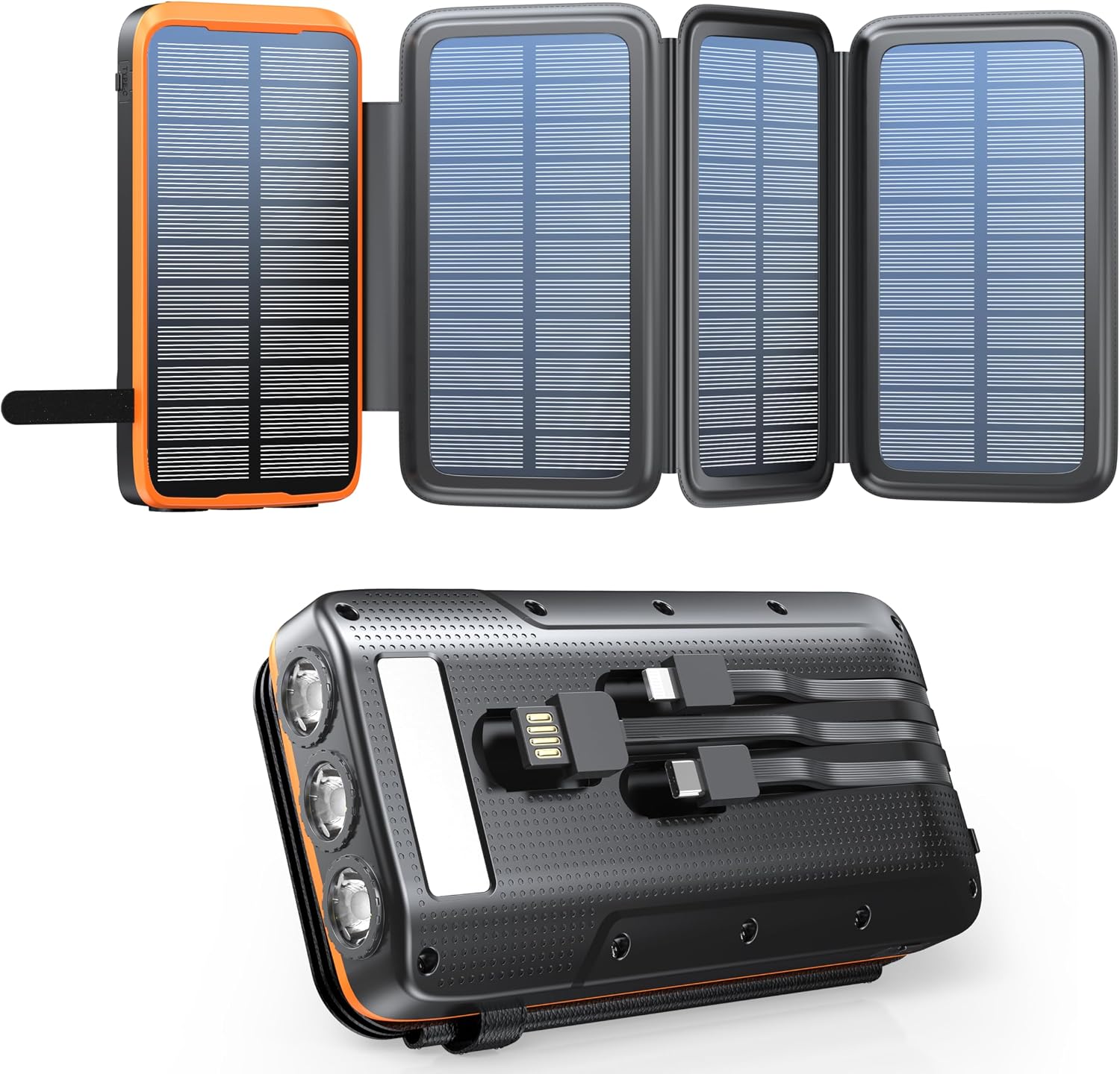 Solarna bateria zewnętrzna 20 000 mAh z 4 panelami słonecznymi, wodoodporna bateria zewnętrzna z 3 kablami i 3 latarkami LED do smartfonów, tabletów, kempingów (pomarańczowa) - obrazek 2