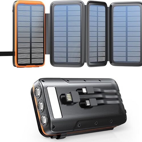 Solarna bateria zewnętrzna 20 000 mAh z 4 panelami słonecznymi, wodoodporna bateria zewnętrzna z 3 kablami i 3 latarkami LED do smartfonów, tabletów, kempingów (pomarańczowa)