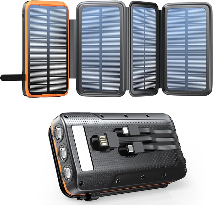 Solarna bateria zewnętrzna 20 000 mAh z 4 panelami słonecznymi, wodoodporna bateria zewnętrzna z 3 kablami i 3 latarkami LED do smartfonów, tabletów, kempingów (pomarańczowa)