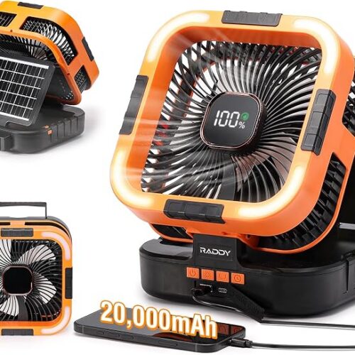 Raddy CF3 Solarny wentylator kempingowy z możliwością ładowania, akumulator 20 000 mAh, przenośny wentylator zasilan y akumulatorem z 3W panelem słonecznym, ładowanie USB, dioda LED, 6 prędkości