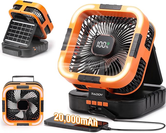 Raddy CF3 Solarny wentylator kempingowy z możliwością ładowania, akumulator 20 000 mAh, przenośny wentylator zasilan y akumulatorem z 3W panelem słonecznym, ładowanie USB, dioda LED, 6 prędkości