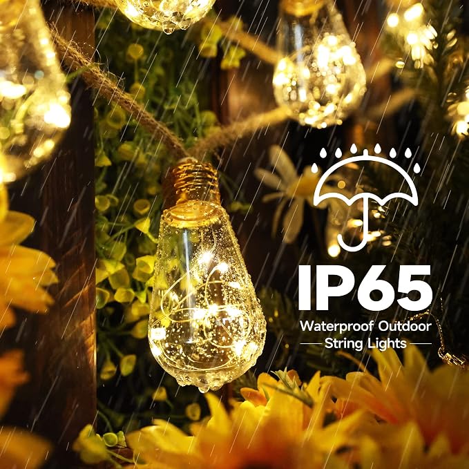 Geemoo Solarny łańcuch świetlny z liny konopnej, 8 m, 160 LED, wodoodporny, z 16 nietłukącymi się żarówkami, do ogrodu, na patio, imprezę, podwórko, dekoracja bożonarodzeniowa (ciepła biel) - obrazek 2