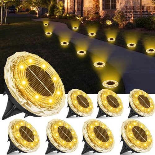 Solarne lampy podłogowe do użytku na zewnątrz, 8 sztuk, lampy solarne do ogrodu, 8 diod LED, wodoszczelne lampy solarne do użytku na zewnątrz, ciepła biel, oświetlenie ogrodowe, do ogrodu, na