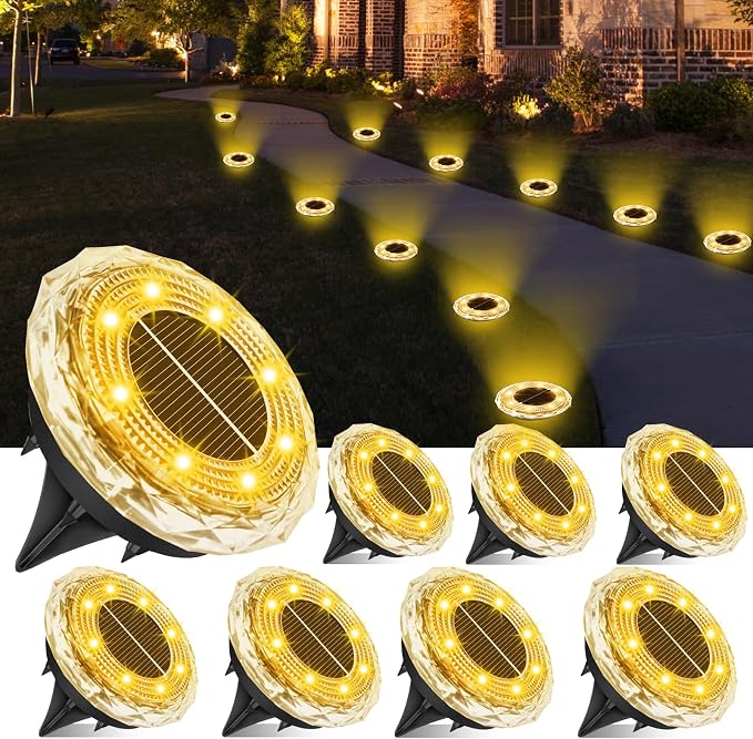 Solarne lampy podłogowe do użytku na zewnątrz, 8 sztuk, lampy solarne do ogrodu, 8 diod LED, wodoszczelne lampy solarne do użytku na zewnątrz, ciepła biel, oświetlenie ogrodowe, do ogrodu, na