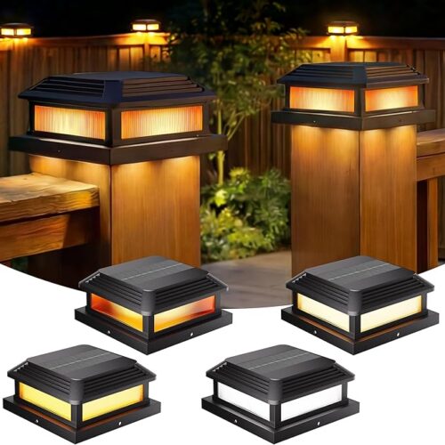 Quntis Zestaw 4 lamp solarnych na słupki ogrodzeniowe, lampy ogrodowe typu Flame z 5 trybami świecenia, lampy solarne na słupki o wymiarach – taras, patio, do ogrodu, podwórko, werandę i ścieżki