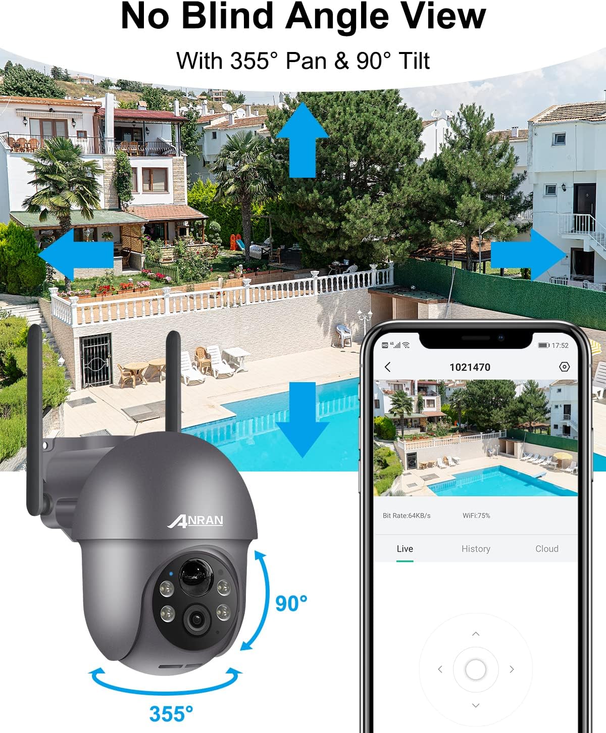 ANRAN Zewnętrzna kamera nadzorująca WiFi 5MP, wykrywanie człowieka, noktowizor kolor, dwukierunkowy dźwięk, 360°, syrena i alarm świetlny, kompatybilna z Alexa/SD/Cloud, Q01 szara | Kamera z panelem słonecznym, wykrywanie ruchu PIR, noktowizor FHD, obsługa Alexa, Q01 Max szara - obrazek 4