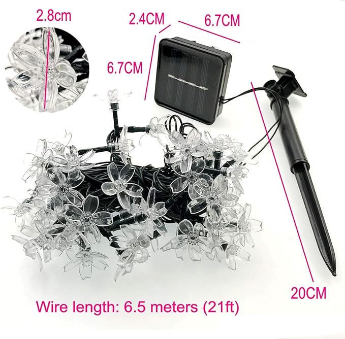 JZK 6,5 m 21 stóp wodoodporne lampki solarne LED w kształcie kwiatów, ciepła biel, lampki zewnętrzne do dekoracji ogrodu, lampki wewnętrzne do dekoracji na wesele, Boże Narodzenie, przyjęcie - obrazek 2