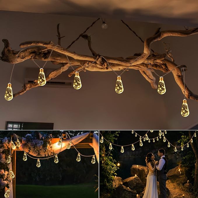 Geemoo Solarny łańcuch świetlny z liny konopnej, 8 m, 160 LED, wodoodporny, z 16 nietłukącymi się żarówkami, do ogrodu, na patio, imprezę, podwórko, dekoracja bożonarodzeniowa (ciepła biel) - obrazek 4