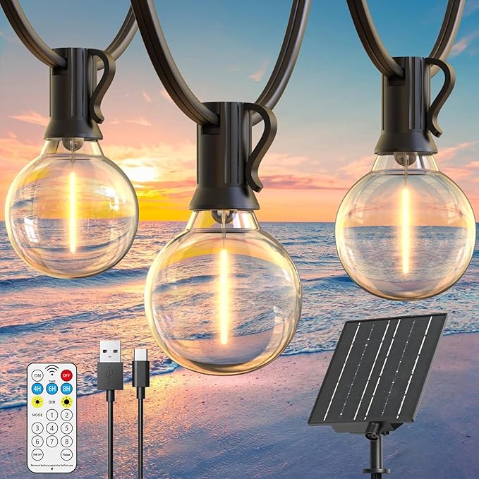 Quntis Girlanda Solarna 19M/61ft | 25+2 Żarówek LED | 8 Trybów Jasności, IP44 Odporna, Z Minutnikiem - Ciepły Biały