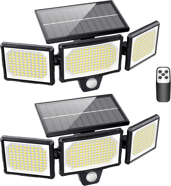 2 x zewnętrzna lampa solarna z czujnikiem ruchu, do ogrodu, 304, 3 tryby, zewnętrzna lampa solarna z pilotem zdalnego sterowania, wodoodporna IP65, szerokokątne oświetlenie słoneczne, oświetlenie