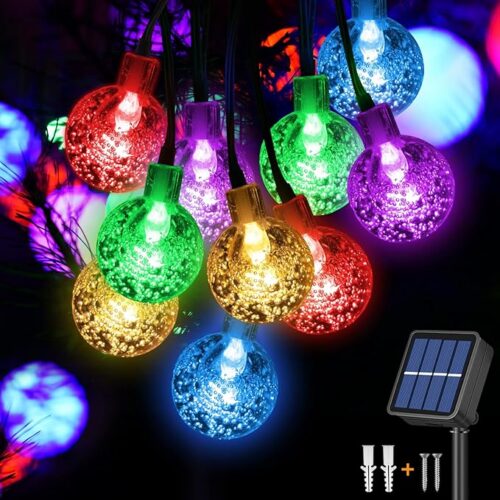 Jsdoin Lampy solarne do ogrodu, 50 diod LED, solarne lampy ogrodowe, 8 trybów 7,5 m, wodoodporne, zasilane energią słoneczną, globusy, oświetlenie ogrodowe do ogrodu, patio, podwórka, domu, na