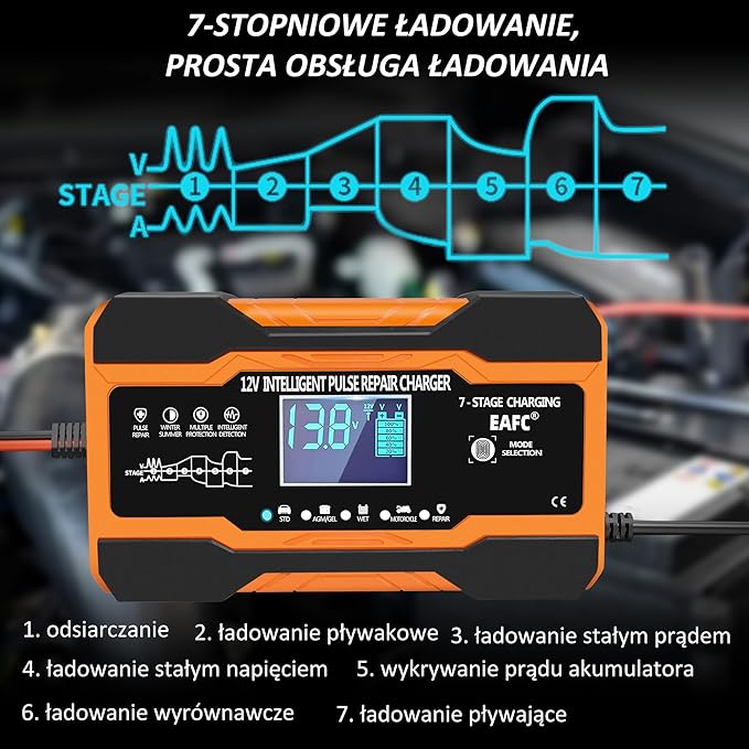 Ładowarka samochodowa 12A, 12V/12 A, w pełni automatyczna inteligentna ładowarka z kompensacją temperatury do akumulatorów ołowiowo-kwasowych do samochodów, ciężarówek, motocykli, kosiarek - obrazek 3