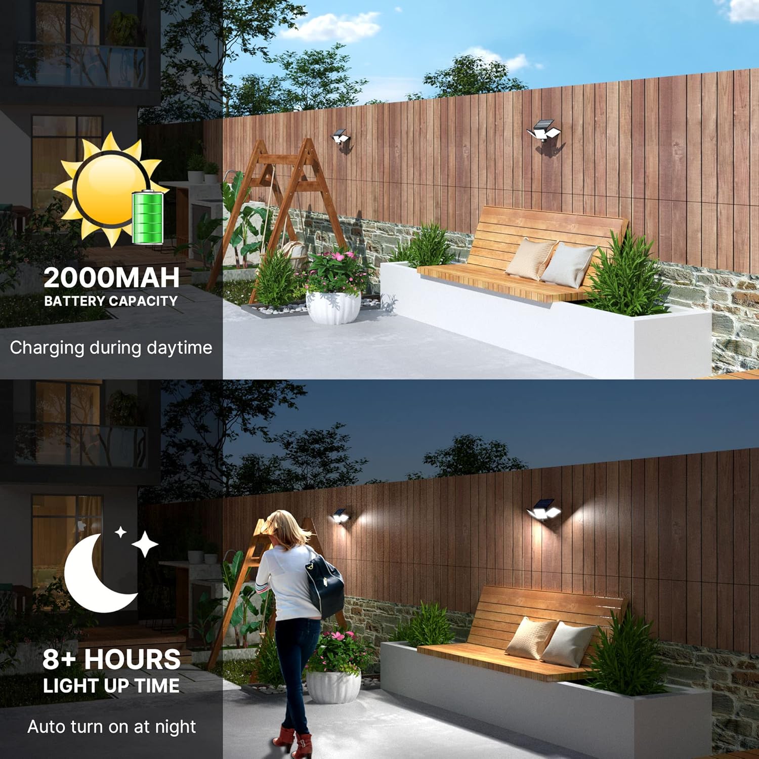 2 x zewnętrzna lampa solarna z czujnikiem ruchu, do ogrodu, 304, 3 tryby, zewnętrzna lampa solarna z pilotem zdalnego sterowania, wodoodporna IP65, szerokokątne oświetlenie słoneczne, oświetlenie - obrazek 4