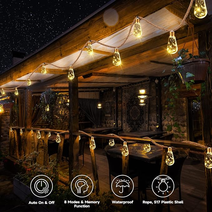 Geemoo Solarny łańcuch świetlny z liny konopnej, 8 m, 160 LED, wodoodporny, z 16 nietłukącymi się żarówkami, do ogrodu, na patio, imprezę, podwórko, dekoracja bożonarodzeniowa (ciepła biel) - obrazek 5