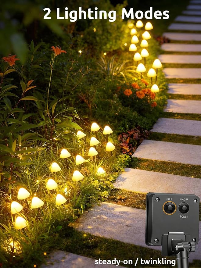 Joycome Ozdoby ogrodowe, zasilane energią słoneczną, 5 m, 20 diod LED, grzyb, wodoodporne, dekoracyjne lampki ogrodowe, na ścieżkę, krajobraz, ogrodzenie, trawnik, dekoracje halloweenowe (ciepła biel) - obrazek 3