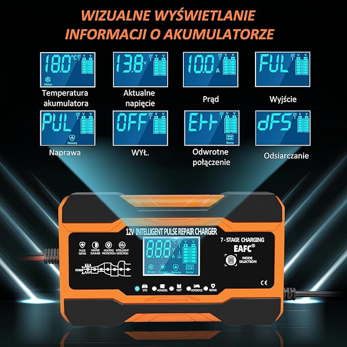 Ładowarka samochodowa 12A, 12V/12 A, w pełni automatyczna inteligentna ładowarka z kompensacją temperatury do akumulatorów ołowiowo-kwasowych do samochodów, ciężarówek, motocykli, kosiarek - obrazek 4