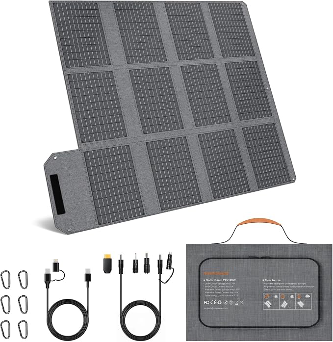Przenośny panel słoneczny 120 W, składana ładowarka solarna 19 V z wyjściem USB C, USB A i DC, IP65, wodoszczelna i pyłoszczelna, do przenośnej stacji zasilającej, iPhone'a, iPada