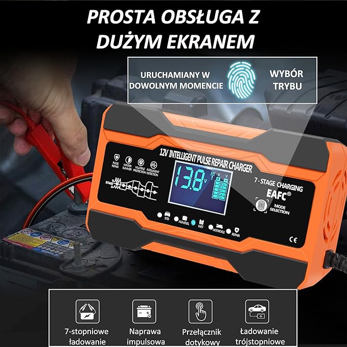 Ładowarka samochodowa 12A, 12V/12 A, w pełni automatyczna inteligentna ładowarka z kompensacją temperatury do akumulatorów ołowiowo-kwasowych do samochodów, ciężarówek, motocykli, kosiarek - obrazek 2
