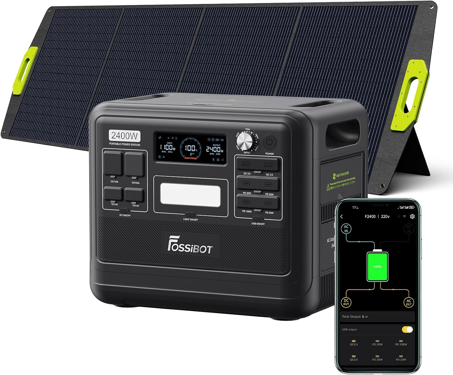FOSSiBOT F2400 Generator z panelem słonecznym 200 W, przenośna elektrownia 2400 Wh LiFePO4 2048 Wh z mocą wyjściową 3 AC (szczytowa 4800 W), 13 gniazdek, do przechowywania energii, biwakowania - obrazek 2