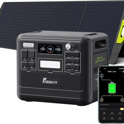 FOSSiBOT F2400 Generator z panelem słonecznym 200 W, przenośna elektrownia 2400 Wh LiFePO4 2048 Wh z mocą wyjściową 3 AC (szczytowa 4800 W), 13 gniazdek, do przechowywania energii, biwakowania