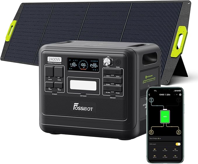 FOSSiBOT F2400 Generator z panelem słonecznym 200 W, przenośna elektrownia 2400 Wh LiFePO4 2048 Wh z mocą wyjściową 3 AC (szczytowa 4800 W), 13 gniazdek, do przechowywania energii, biwakowania