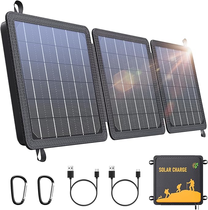 Panel Solarny, 15W Przenośna Ładowarka Słoneczna USB-C/USB Kompatybilna z Telefonami i Tabletami, 24% Wysoka Sprawność Konwersji, Wodoodporna IPX4 do Kempingu i Aktywności na Świeżym Powietrzu