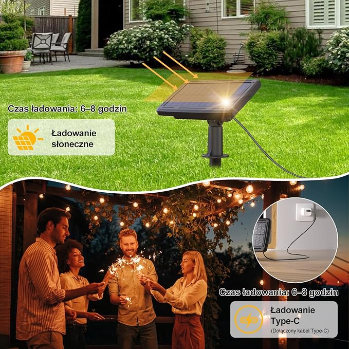 Quntis Girlanda Solarna 19M/61ft | 25+2 Żarówek LED | 8 Trybów Jasności, IP44 Odporna, Z Minutnikiem - Ciepły Biały - obrazek 5