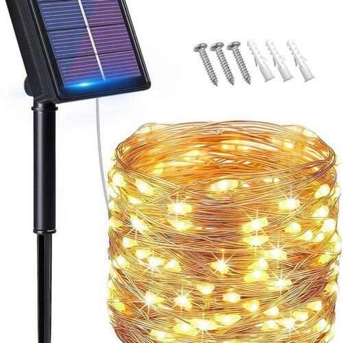 flintronic Solarne łańcuchy świetlne na zewnątrz, oświetlenie ogrodowe (100 diod LED, 8 trybów), 10 m, automatyczne włączanie/wyłączanie, oświetlenie z drutu miedzianego, wodoodporne dekoracyjne