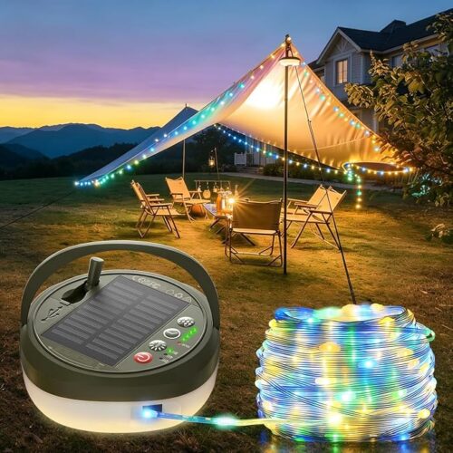 Glocusent Kempingowy Sznur Świetlny Nawijany 10M 130 LED, 2-w-1 Solarny LED z 20 Trybami, USB Ładowalna Lampa, Wodoodporna do Kempingu, Wędrówek, Campervanów, Imprez