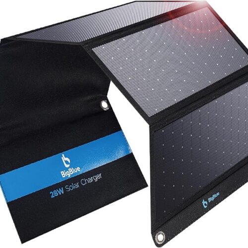 BigBlue 28 W składana ładowarka solarna z 2 USB-C + 1 USB-A (5 V/4,8 A łącznie) przenośny i wodoodporny IP44 panel słoneczny + 4 stalowe haki Kompatybilna z iPhone 15/14/13/12, iPad, Samsung Galaxy