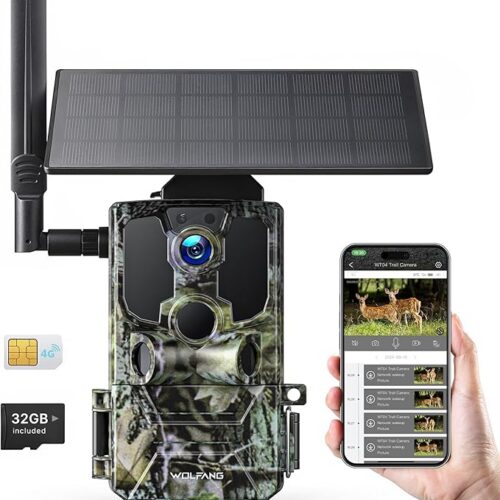 WOLFANG 4G LTE Wildlife Solarcamera 2.5K, Trailcamera met Uitstekend Nachtzicht, 0,2 s Activeringstijd, IP66 Waterdicht, Voor Wildlife Monitoring met Micro SD-kaar i SIM