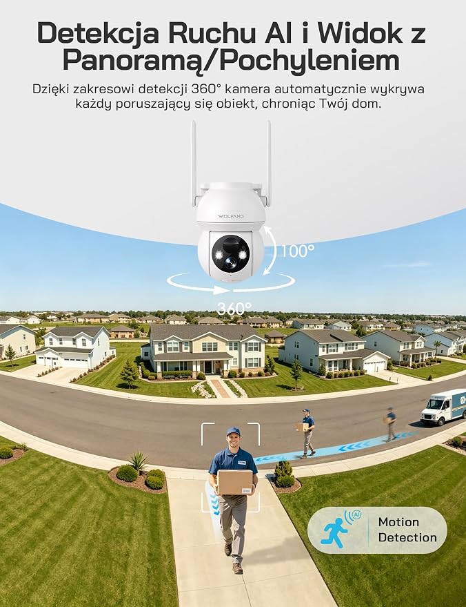 WOLFANG Solarna kamera bezpieczeństwa 1080P na zewnątrz, kamera WiFi PTZ 360° (tylko 2,4 G), wykrywanie ruchu PIR, noktowizor, dwukierunkowy dźwięk, IP65, współpracuje z Alexa i Google Home, bez - obrazek 5