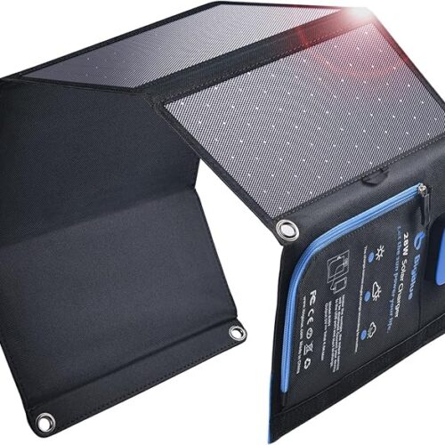 BigBlue 28W przenośna ładowarka solarna z 2 portami USB (5V/4A łącznie), panelem słonecznym IPX4 z cyfrowym amperomierzem i zabezpieczeniem zamkowym do ładowania urządzeń USB - iPhone Android GoPro