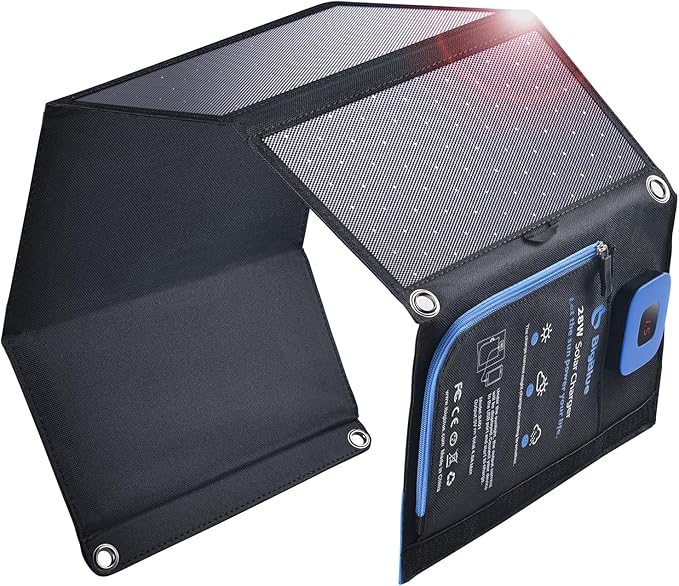 BigBlue 28W przenośna ładowarka solarna z 2 portami USB (5V/4A łącznie), panelem słonecznym IPX4 z cyfrowym amperomierzem i zabezpieczeniem zamkowym do ładowania urządzeń USB - iPhone Android GoPro