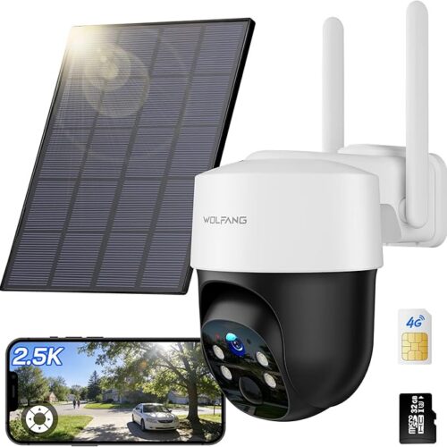 WOLFANG Kamera przyrodnicza, 4G LTE kamera komórkowa zasilana energią słoneczną z widokiem 2,5 K wideo na żywo, regulacja nachylenia 355°, zdalna regulacja 110°, kamera bezpieczeństwa z noktowizorem