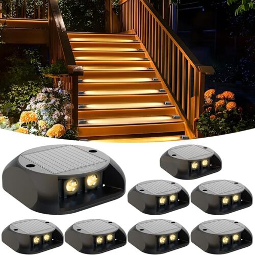 Quntis Zestaw 8 ciepłych, białych, solarnych lamp zewnętrznych, IP65 wodoodporne, solarne oświetlenie schodów zewnętrznych LED, solarne oświetlenie schodów zewnętrznych do ogrodu, patio